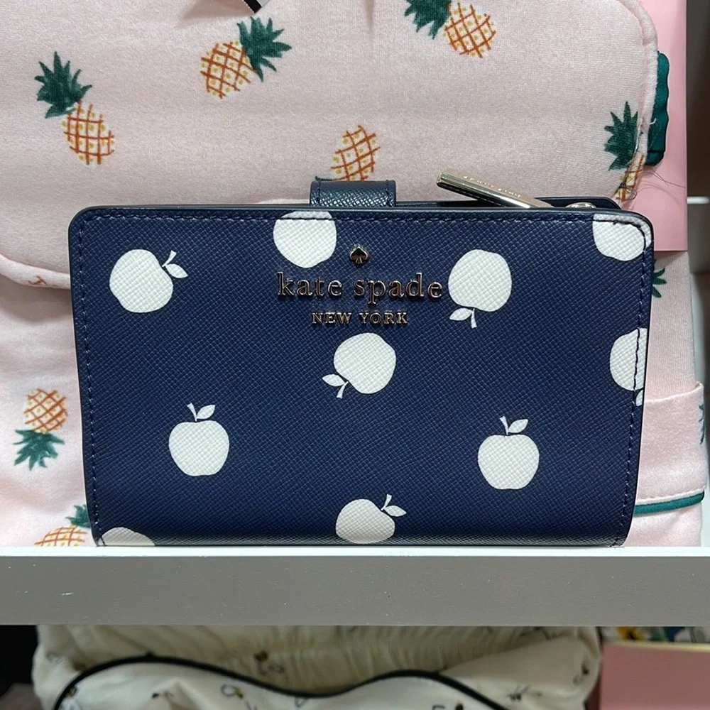 Kate Spade Staci Large White Apple Compartment Bifold Wallet BLAZER BLUE MULTI